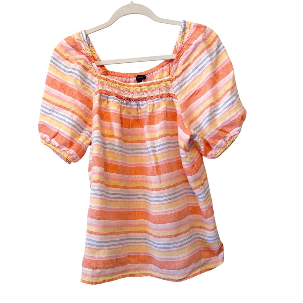 Talbots 100% Linen Smocked Square Neck Striped Puff‎ Sleeve Blouse Multi color M